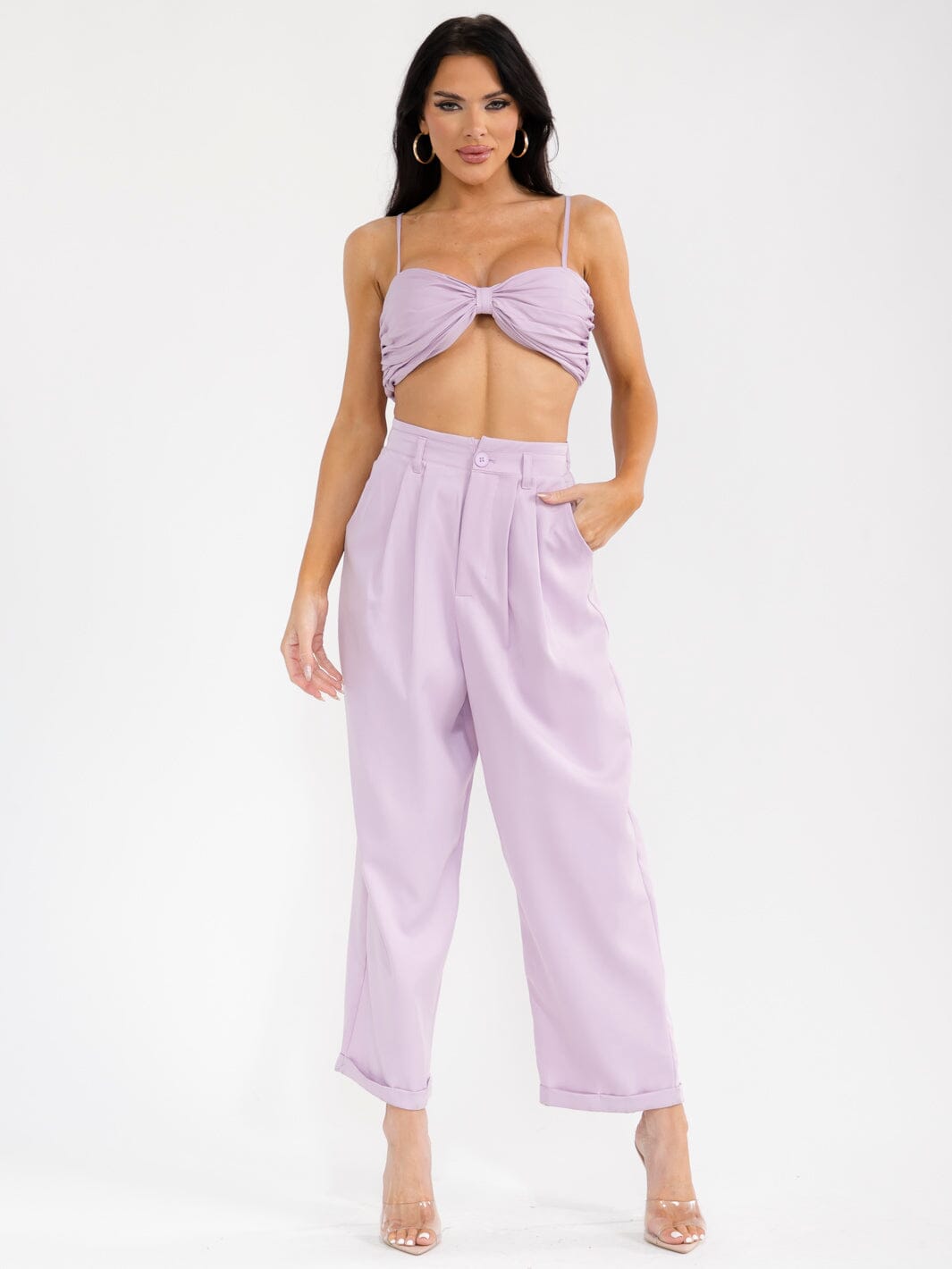 WOMEN'S SLEEVELESS CROP TOP & BUTTON CLOSURE PANTS SOLID 2PC. SET