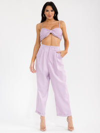 WOMEN'S SLEEVELESS CROP TOP & BUTTON CLOSURE PANTS SOLID 2PC. SET