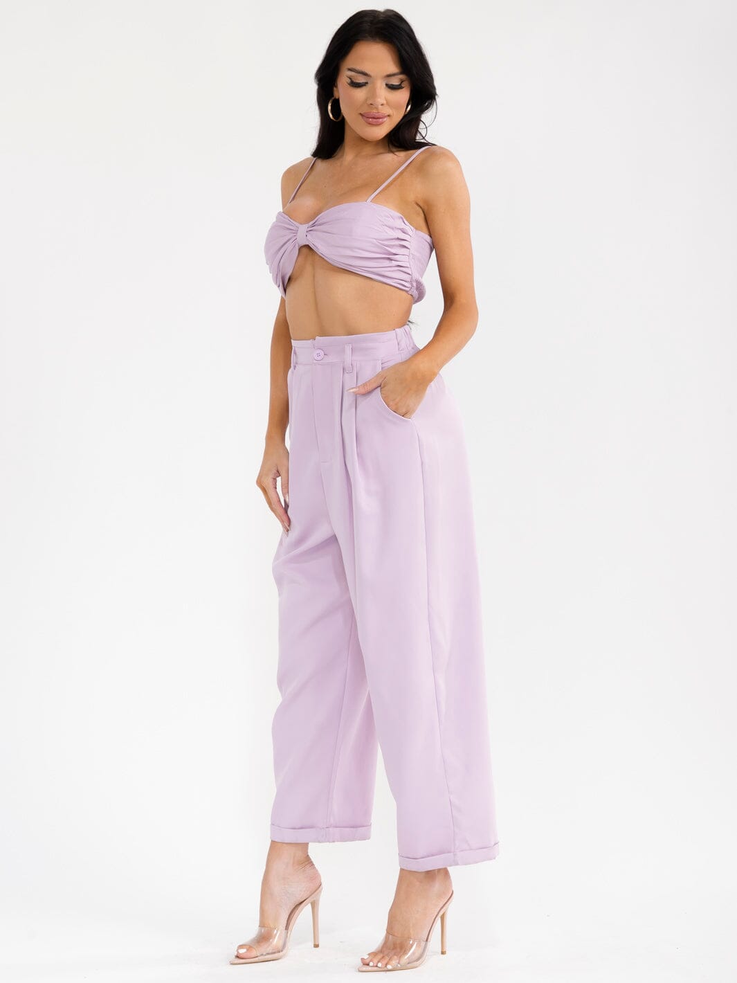 WOMEN'S SLEEVELESS CROP TOP & BUTTON CLOSURE PANTS SOLID 2PC. SET