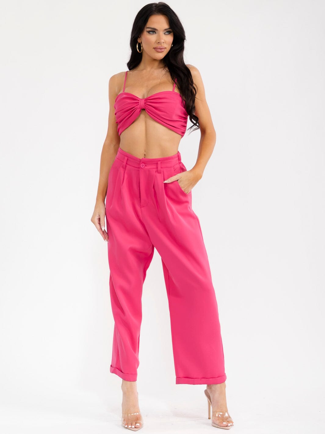 WOMEN'S SLEEVELESS CROP TOP & BUTTON CLOSURE PANTS SOLID 2PC. SET