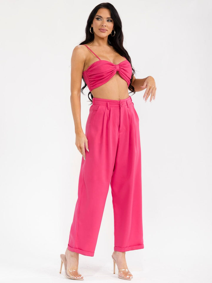 WOMEN'S SLEEVELESS CROP TOP & BUTTON CLOSURE PANTS SOLID 2PC. SET