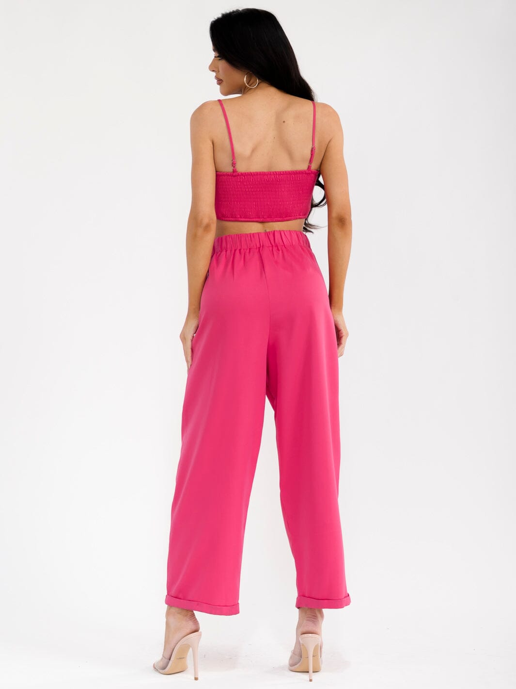 WOMEN'S SLEEVELESS CROP TOP & BUTTON CLOSURE PANTS SOLID 2PC. SET