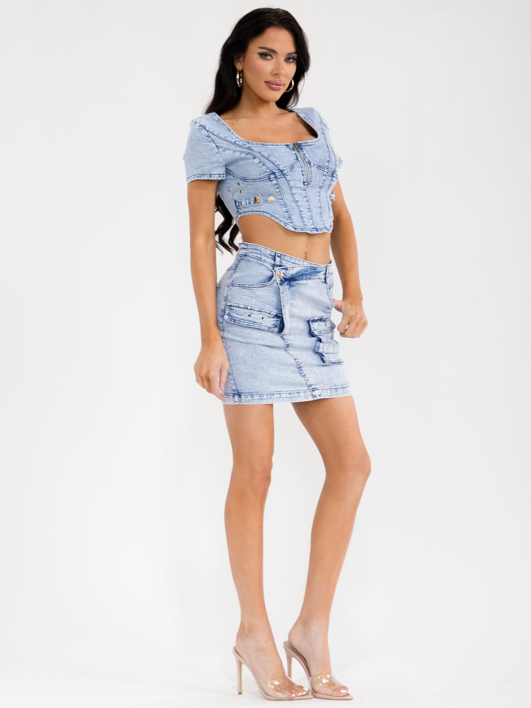 WOMEN'S SHORT SLEEVE CROP TOP & BUTTON CLOSURE MINI SKIRT WASHED DENIM 2PC. SET