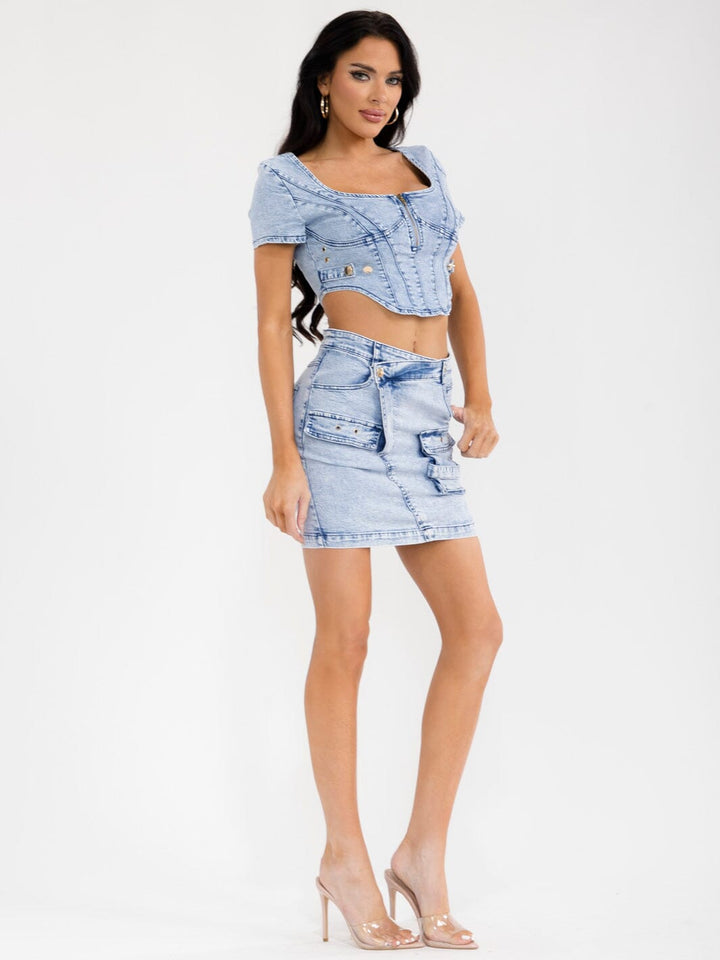 WOMEN'S SHORT SLEEVE CROP TOP & BUTTON CLOSURE MINI SKIRT WASHED DENIM 2PC. SET