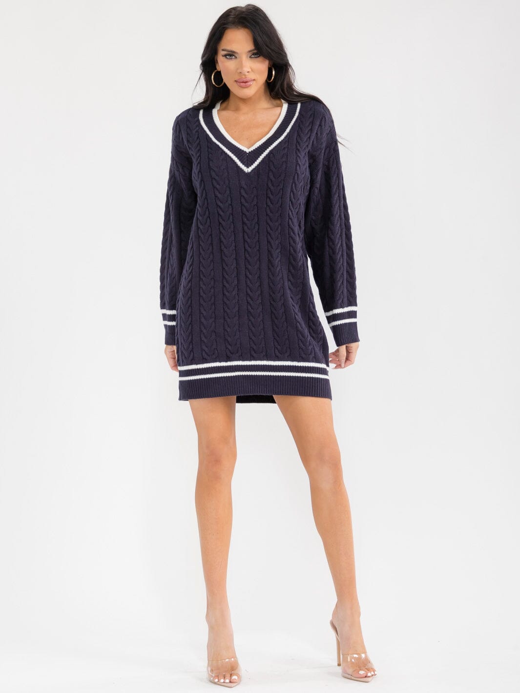 WOMEN'S LONG SLEEVE V-NECK KNITTED MINI SWEATER DRESS