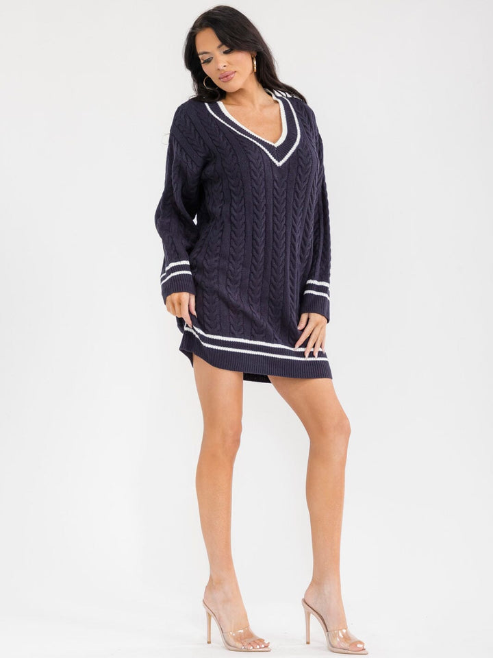 WOMEN'S LONG SLEEVE V-NECK KNITTED MINI SWEATER DRESS