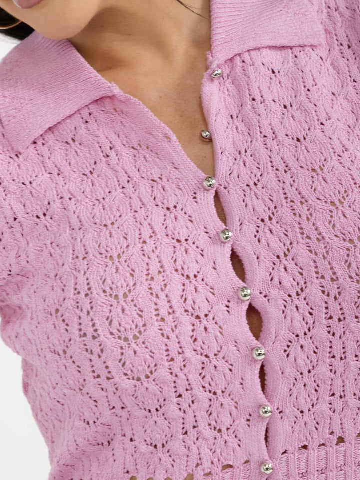 WOMEN'S SHORT SLEEVE BUTTON UP KNITTED BLOUSE
