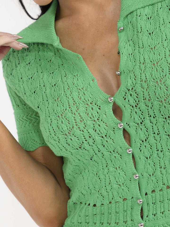 WOMEN'S SHORT SLEEVE BUTTON UP KNITTED BLOUSE