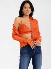 WOMEN'S BRALETTE & LONG SLEEVE BUTTON UP PLEATED 2PC TOP