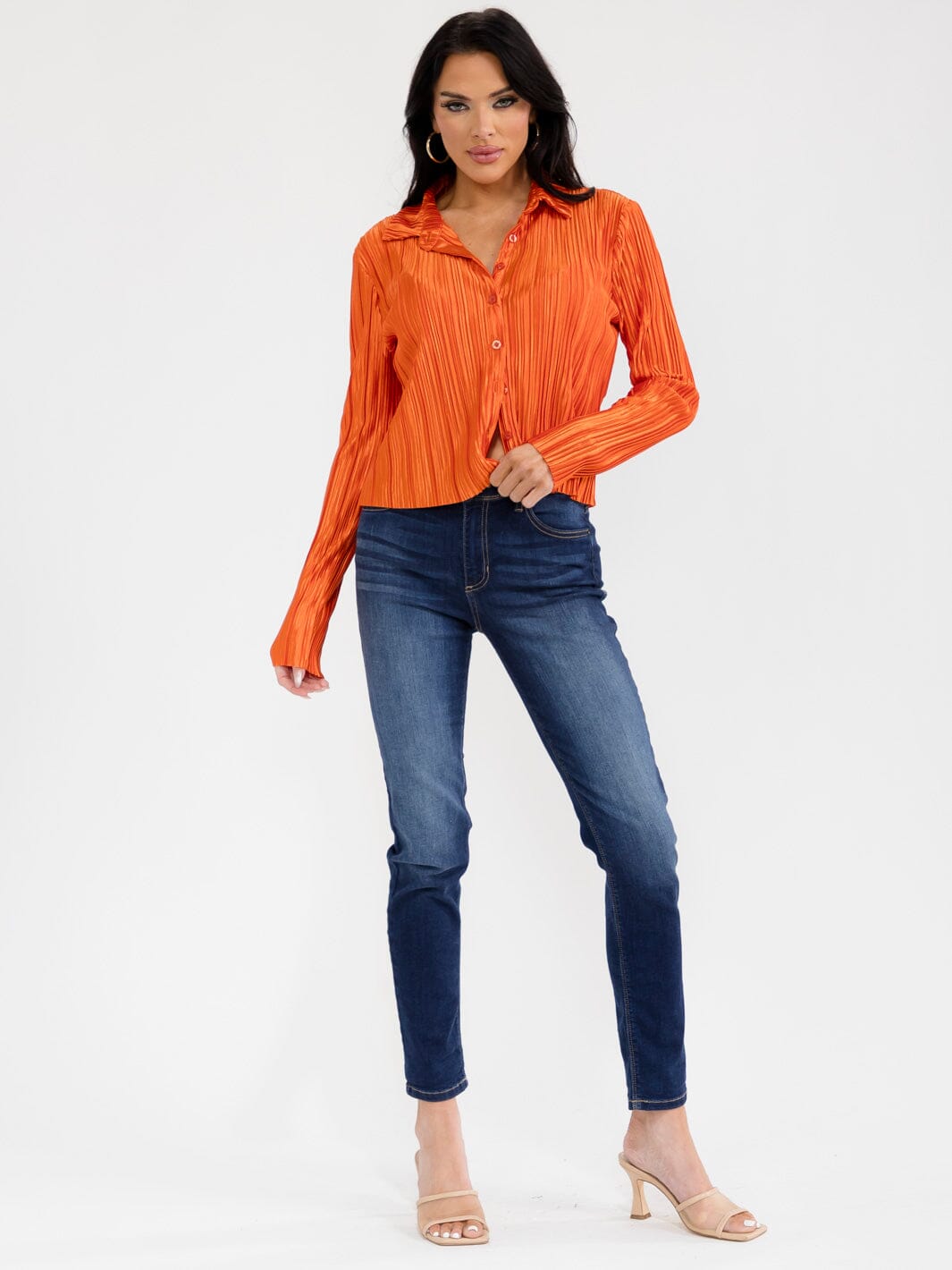 WOMEN'S BRALETTE & LONG SLEEVE BUTTON UP PLEATED 2PC TOP