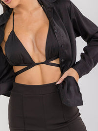 WOMEN'S BRALETTE & LONG SLEEVE BUTTON UP SOLID 2PC TOP