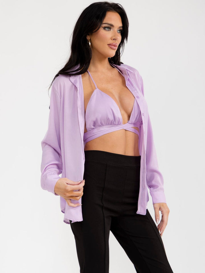 WOMEN'S BRALETTE & LONG SLEEVE BUTTON UP SOLID 2PC TOP