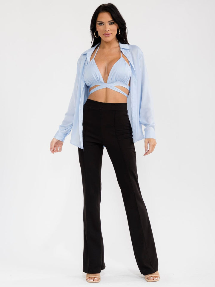 WOMEN'S BRALETTE & LONG SLEEVE BUTTON UP SOLID 2PC TOP