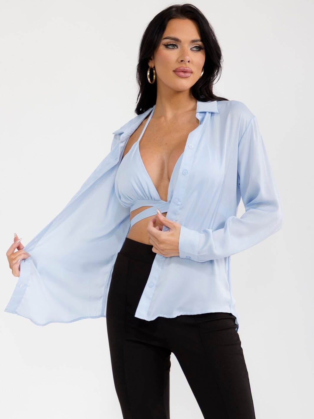 WOMEN'S BRALETTE & LONG SLEEVE BUTTON UP SOLID 2PC TOP