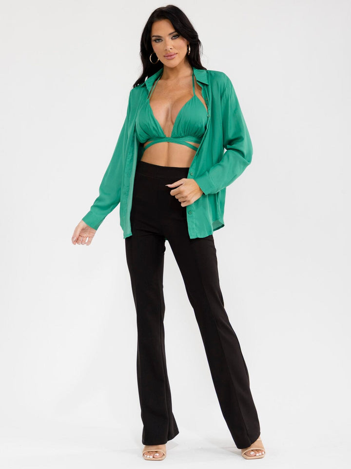 WOMEN'S BRALETTE & LONG SLEEVE BUTTON UP SOLID 2PC TOP