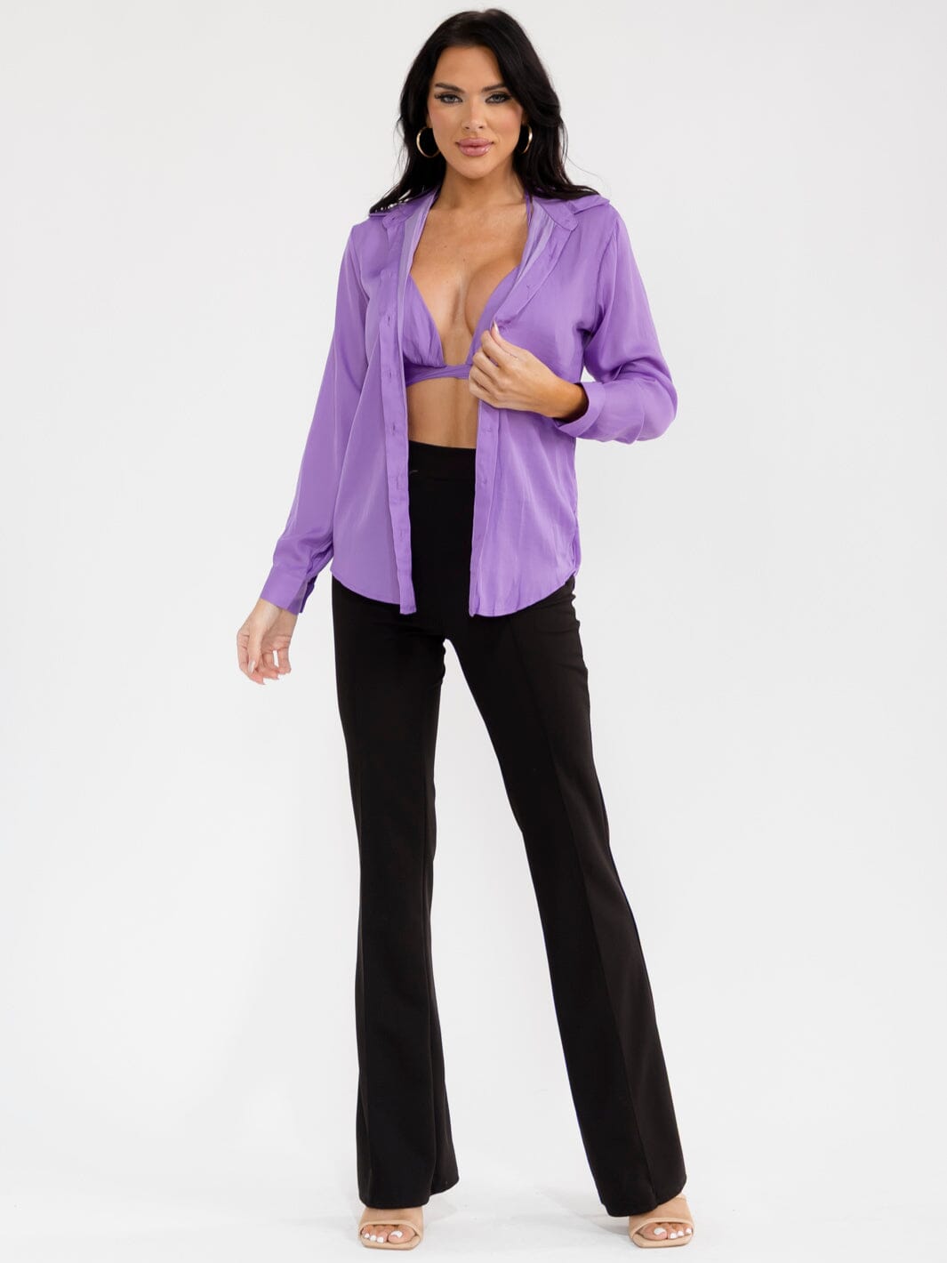 WOMEN'S BRALETTE & LONG SLEEVE BUTTON UP SOLID 2PC TOP