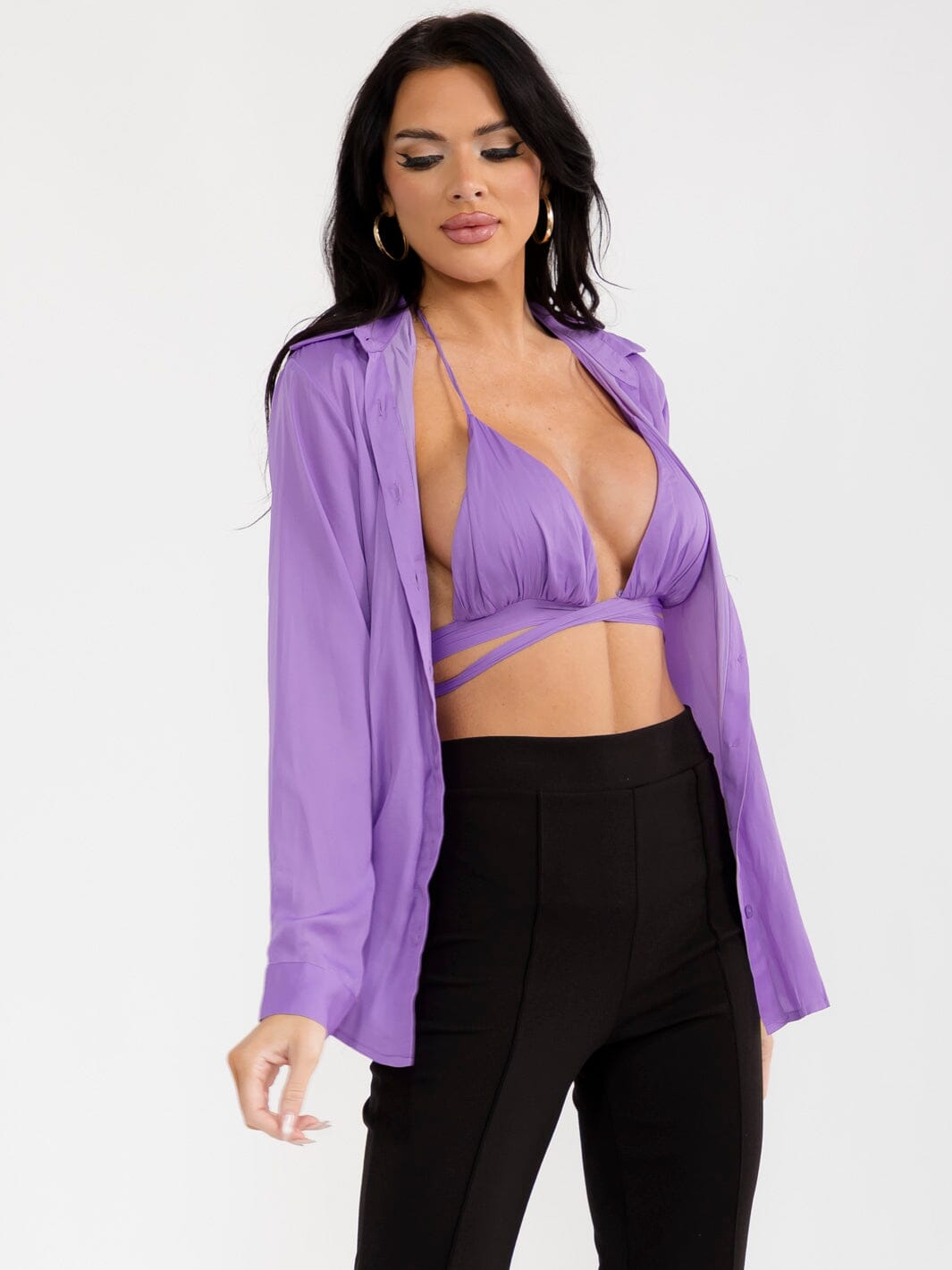 WOMEN'S BRALETTE & LONG SLEEVE BUTTON UP SOLID 2PC TOP