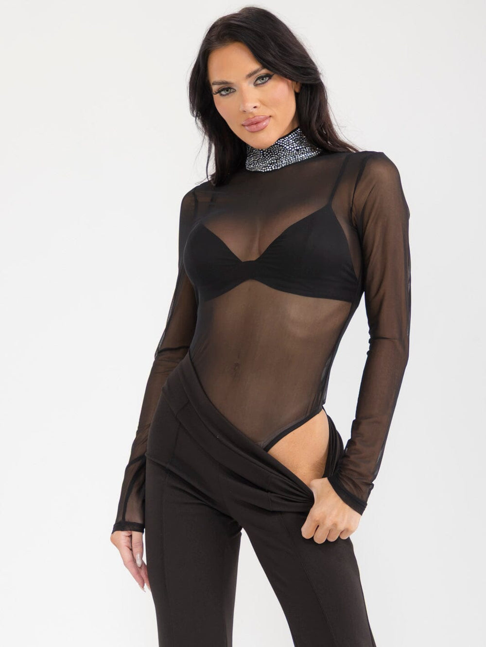 WOMEN'S LONG SLEEVE MOCK NECK RHIMESTONE MESH BODYSUIT & BRALETTE