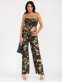 WOMEN'S SLEEVELESS CROP TOP & BUTTON CLOSURE PANTS CAMO PRINT 2PC. SET