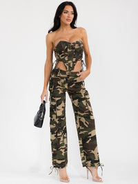 WOMEN'S SLEEVELESS CROP TOP & BUTTON CLOSURE PANTS CAMO PRINT 2PC. SET