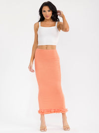 WOMEN'S ELASTIC WAIST WAFFLE RUFFLE BOTTOM HEM MAXI SKIRT