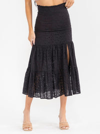 WOMEN'S ELASTIC WAIST FRONT SLIT EYELET MIDI SKIRT