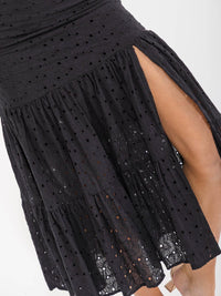 WOMEN'S ELASTIC WAIST FRONT SLIT EYELET MIDI SKIRT