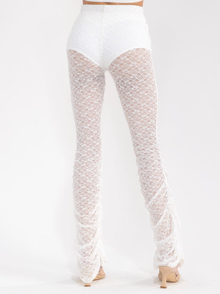 WOMEN'S ELASTIC WAIST MESH SIDE RUCHED SKINNY LEG PANTS