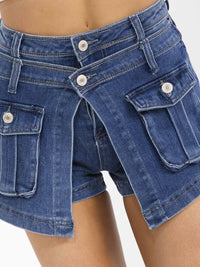 WOMEN'S BUTTON CLOSURE POCKETS STRETCH DENIM MINI SKORT
