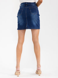 WOMEN'S BUTTON CLOSURE POCKETS WASHED STRETCH DENIM MINI SKIRT
