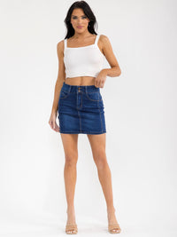 WOMEN'S BUTTON CLOSURE POCKETS WASHED STRETCH DENIM MINI SKIRT