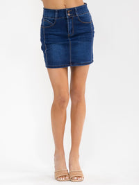 WOMEN'S BUTTON CLOSURE POCKETS WASHED STRETCH DENIM MINI SKIRT