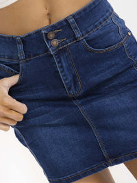 WOMEN'S BUTTON CLOSURE POCKETS WASHED STRETCH DENIM MINI SKIRT