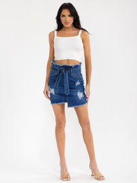 WOMEN'S BUTTON CLOSURE POCKETS DISTRESS SELF TIE STRETCH DENIM MINI SKIRTS
