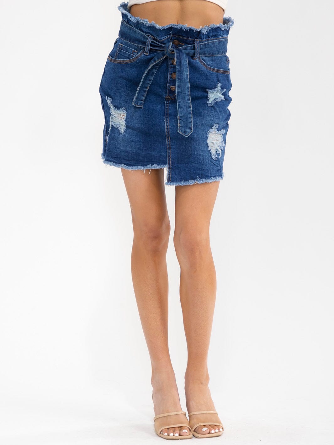 WOMEN'S BUTTON CLOSURE POCKETS DISTRESS SELF TIE STRETCH DENIM MINI SKIRTS