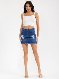 WOMEN'S BUTTON CLOSURE POCKETS DISTRESS STRETCH DENIM MINI SKIRT