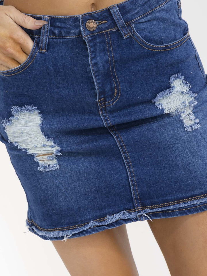 WOMEN'S BUTTON CLOSURE POCKETS DISTRESS STRETCH DENIM MINI SKIRT