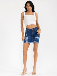 WOMEN'S BUTTON CLOSURE POCKETS DISTRESS STRETCH DENIM MINI SKIRT