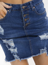 WOMEN'S BUTTON CLOSURE POCKETS DISTRESS STRETCH DENIM MINI SKIRT
