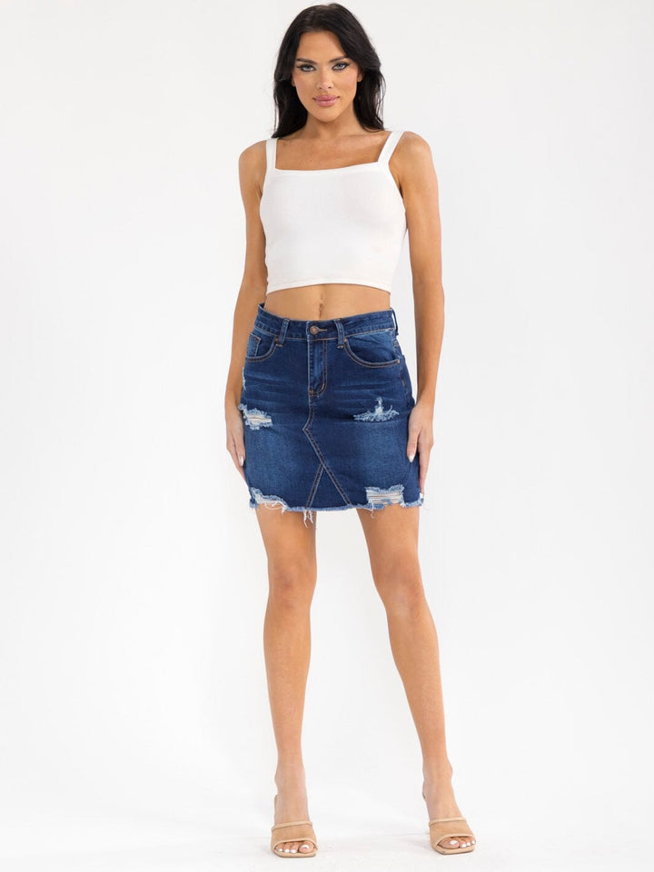 WOMEN'S BUTTON CLOSURE POCKETS DISTRESS STRETCH DENIM MINI SKIRT