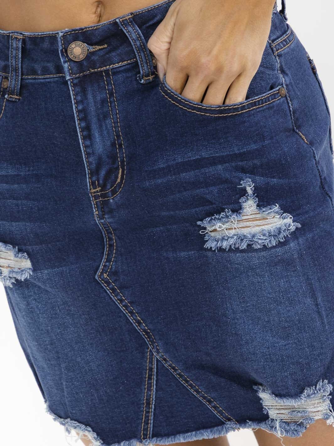 WOMEN'S BUTTON CLOSURE POCKETS DISTRESS STRETCH DENIM MINI SKIRT