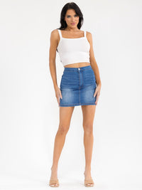WOMEN'S BUTTON CLOSURE POCKETS WASHED STRETCH DENIM MINI SKIRT