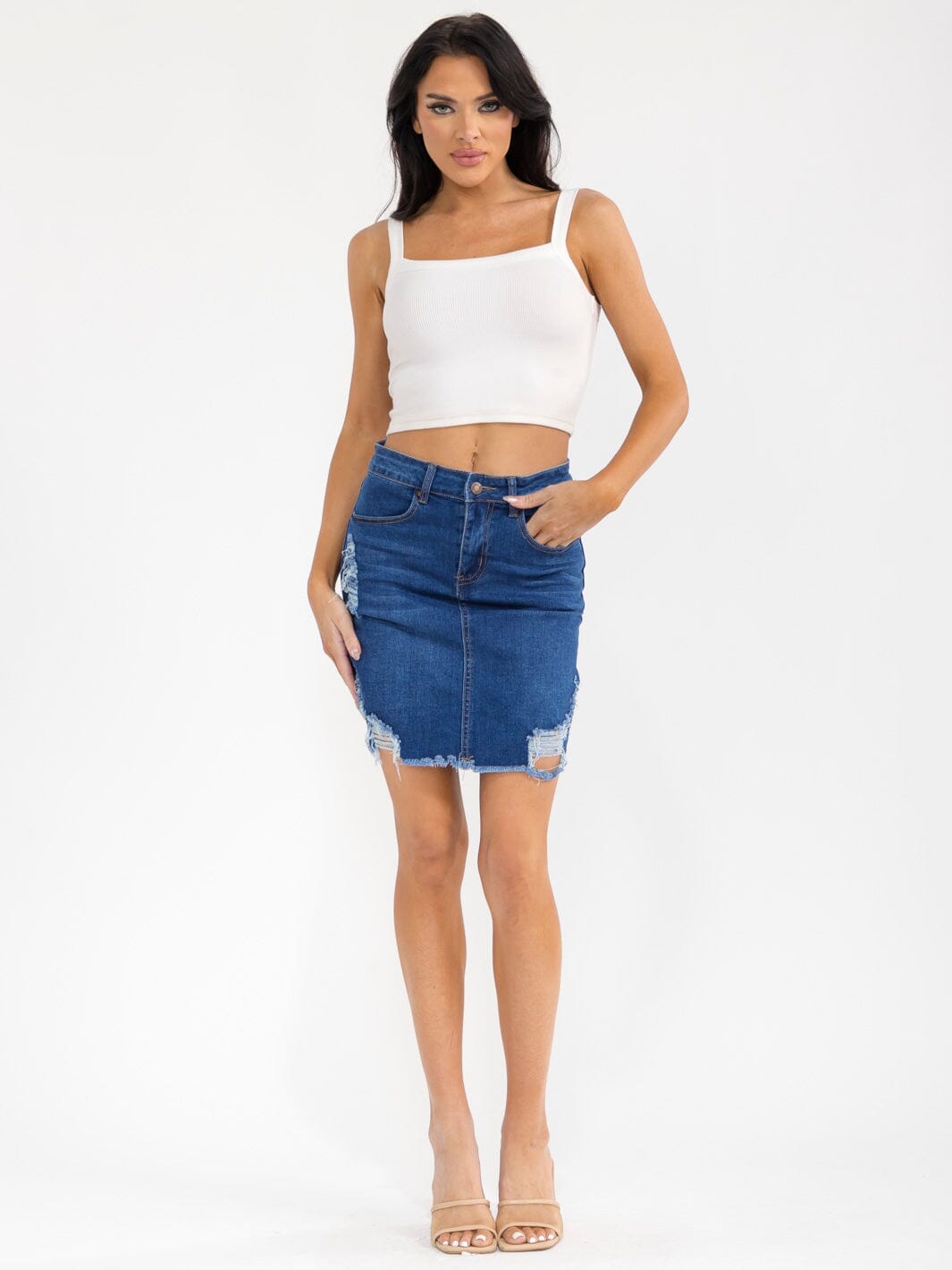 WOMEN'S BUTTON CLOSURE POCKETS DISTRESS STRETCH DENIM MINI SKIRT