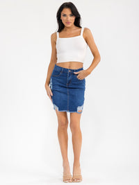 WOMEN'S BUTTON CLOSURE POCKETS DISTRESS STRETCH DENIM MINI SKIRT