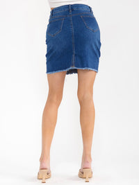 WOMEN'S BUTTON CLOSURE POCKETS DISTRESS STRETCH DENIM MINI SKIRT