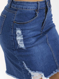 WOMEN'S BUTTON CLOSURE POCKETS DISTRESS STRETCH DENIM MINI SKIRT