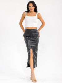 WOMEN'S ELASTIC WAIST CARGO POCKETS FRONT SLIT PU PLEATHER MAXI SKIRT