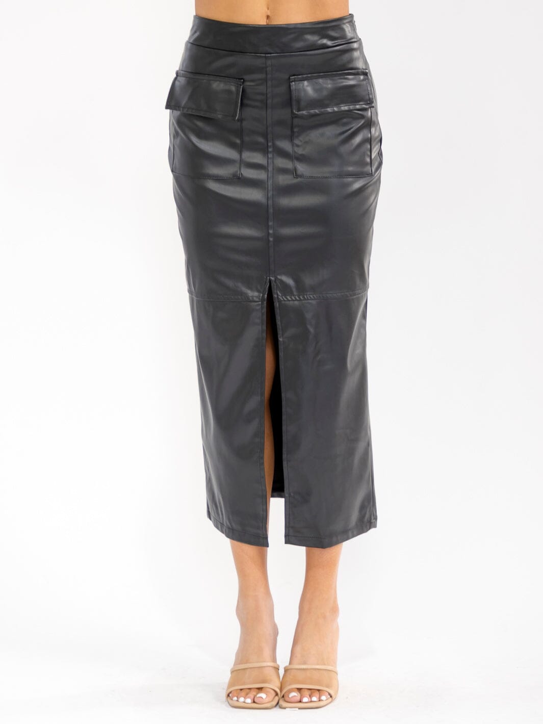 WOMEN'S ELASTIC WAIST CARGO POCKETS FRONT SLIT PU PLEATHER MAXI SKIRT
