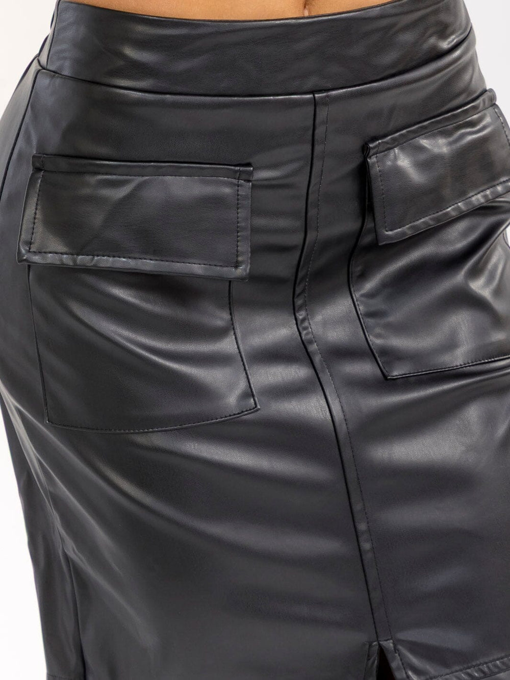 WOMEN'S ELASTIC WAIST CARGO POCKETS FRONT SLIT PU PLEATHER MAXI SKIRT
