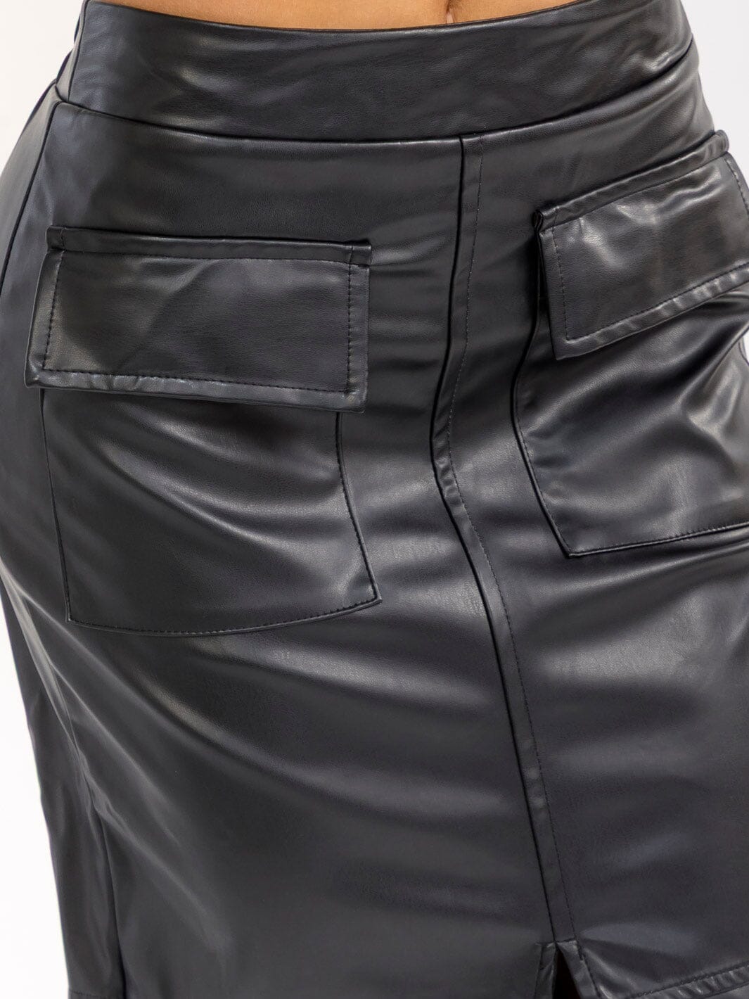 WOMEN'S ELASTIC WAIST CARGO POCKETS FRONT SLIT PU PLEATHER MAXI SKIRT
